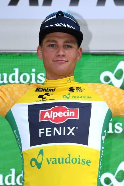 Mathieu Van Der Poel of Netherlands and Team Alpecin-Fenix Yellow Leader Jersey celebrates at podium during the 84th Tour de Suisse 2021, Stage 3 a...