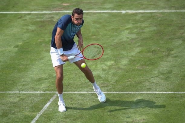 Marin Cilic competes against Rudolf Molleker of Germany during day 2 of the MercedesCup at Tennisclub Weissenhof on June 08, 2021 in Stuttgart,...