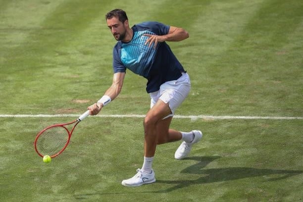 Marin Cilic competes against Rudolf Molleker of Germany during day 2 of the MercedesCup at Tennisclub Weissenhof on June 08, 2021 in Stuttgart,...