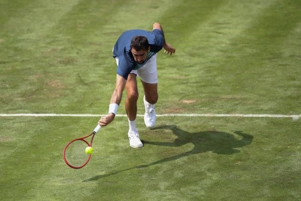 Marin Cilic of Croatia competes against Rudolf Molleker of Germany during day 2 of the MercedesCup at Tennisclub Weissenhof on June 08, 2021 in...