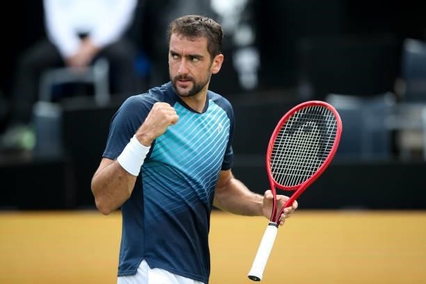 Marin Cilic of Croatia reacts during day 2 of the MercedesCup at Tennisclub Weissenhof on June 08, 2021 in Stuttgart, Germany.