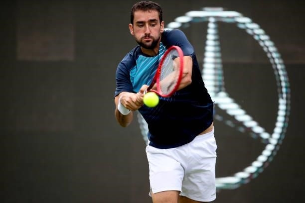 Marin Cilic of Croatia competes against Rudolf Molleker of Germany during day 2 of the MercedesCup at Tennisclub Weissenhof on June 08, 2021 in...