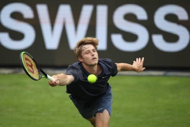 Rudolf Molleker of Germany competes against Marin Cilic of Croatia during day 2 of the MercedesCup at Tennisclub Weissenhof on June 08, 2021 in...