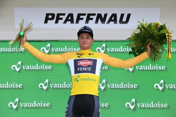 Mathieu Van Der Poel of Netherlands and Team Alpecin-Fenix Yellow Leader Jersey celebrates at podium during the 84th Tour de Suisse 2021, Stage 3 a...