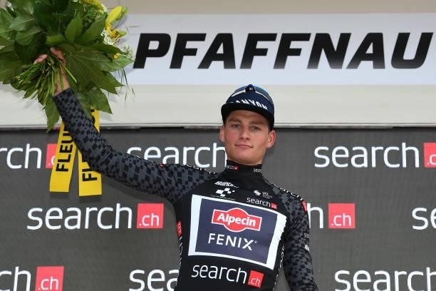 Mathieu Van Der Poel of Netherlands and Team Alpecin-Fenix Black Points Jersey celebrates at podium during the 84th Tour de Suisse 2021, Stage 3 a...