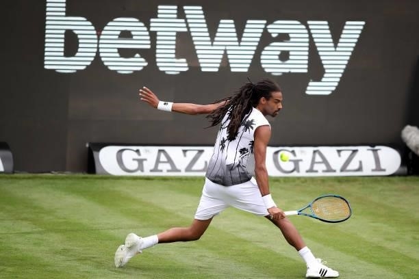 Dustin Brown competes against Nikoloz Basilashvili of Georgia during day 2 of the MercedesCup at Tennisclub Weissenhof on June 08, 2021 in Stuttgart,...