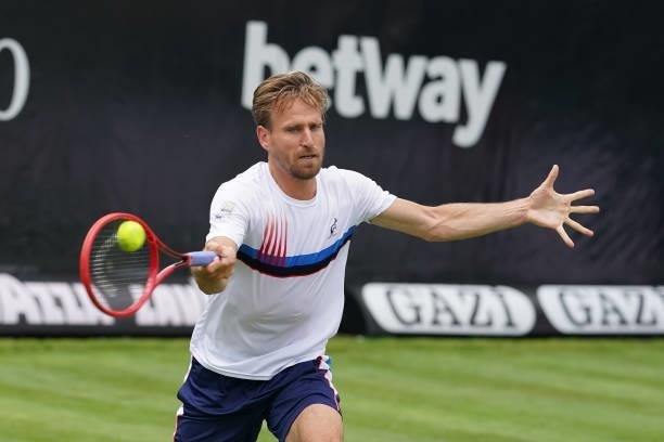 Peter Gojowczyk of Germany competes against Gregoire Barrere of France during day 2 of the MercedesCup at Tennisclub Weissenhof on June 08, 2021 in...