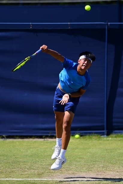 Derrick Chen serves during his match against Max Relic during the Junior National Tennis Championships at Surbiton Racket & Fitness Club on June 08,...