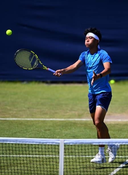 Derrick Chen hits a forehand during his match against Max Relic during the Junior National Tennis Championships at Surbiton Racket & Fitness Club on...