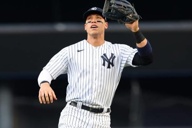 Aaron Judge of the New York Yankees in action against the Boston Red Sox during a game at Yankee Stadium on June 5, 2021 in New York City.