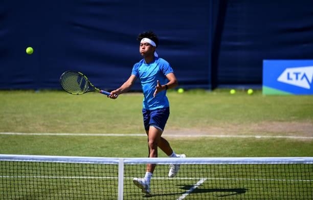 Derrick Chen hits a forehand during his match against Max Relic during the Junior National Tennis Championships at Surbiton Racket & Fitness Club on...