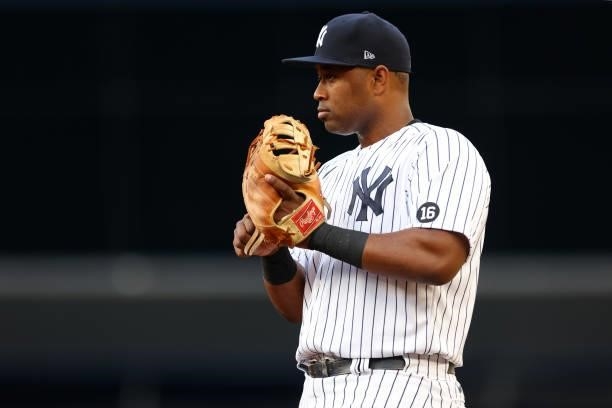 Chris Gittens of the New York Yankees in action against the Boston Red Sox during a game at Yankee Stadium on June 5, 2021 in New York City.
