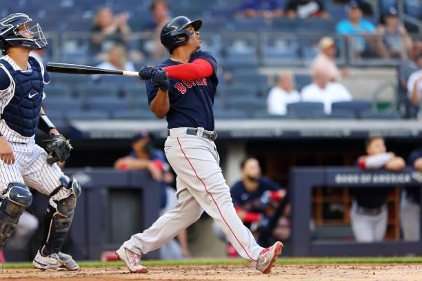 Rafael Devers of the Boston Red Sox in action against the New York Yankees during a game at Yankee Stadium on June 5, 2021 in New York City. The Red...