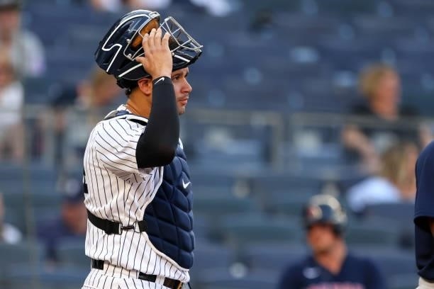 Gary Sanchez of the New York Yankees in action against the Boston Red Sox during a game at Yankee Stadium on June 5, 2021 in New York City.