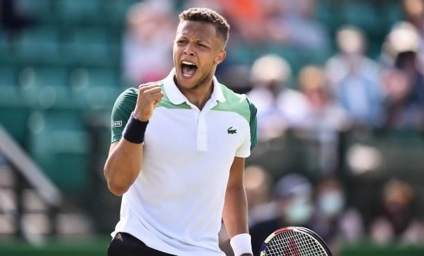 Jay Clarke of Great Britain celebrates after winning a point during Day 4 of the Viking Open match between Jay Clarke and Kevin Anderson at...