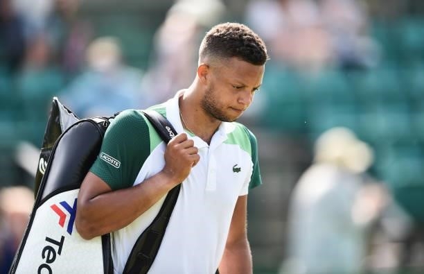 Jay Clarke of Great Britain walks off the pitch after losing his match during Day 4 of the Viking Open match between Jay Clarke and Kevin Anderson at...