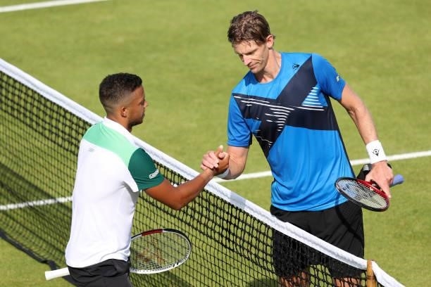 Jay Clarke of Great Britain shakes hands with Kevin Anderson of South Africa after their match during Day 4 of the Viking Nottingham Open at...