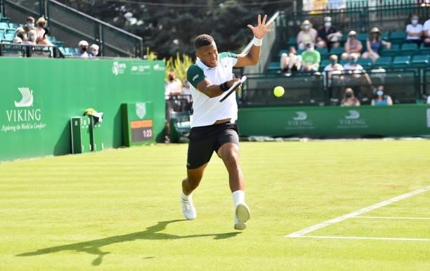 Jay Clarke of Great Britain plays a forehand shot during Day 4 of the Viking Open match between Jay Clarke and Kevin Anderson at Nottingham Tennis...