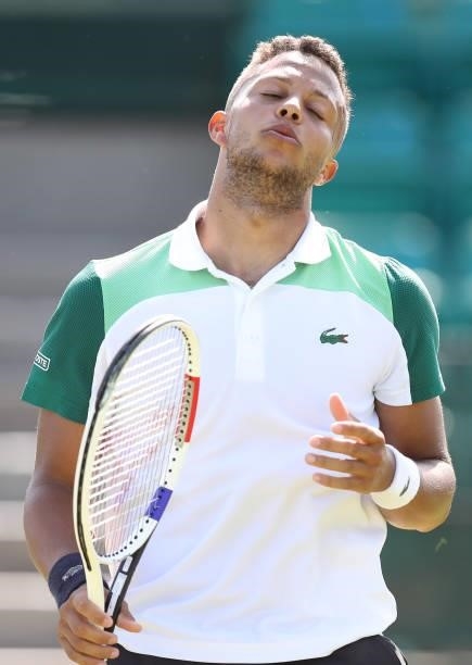 Jay Clarke of Great Britain reacts against Kevin Anderson of South Africa during Day 4 of the Viking Nottingham Open at Nottingham Tennis Centre on...
