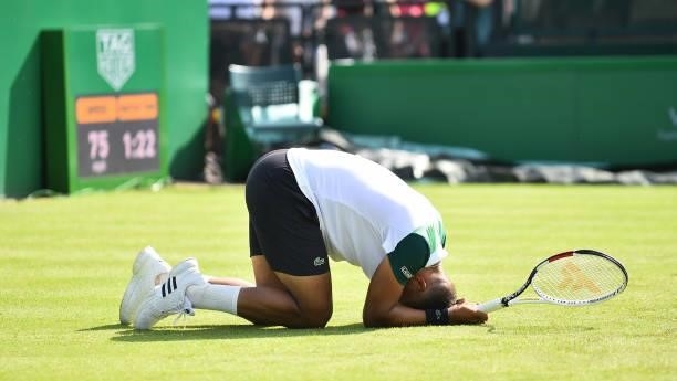 Jay Clarke of Great Britain goes down injured during Day 4 of the Viking Open match between Jay Clarke and Kevin Anderson at Nottingham Tennis Centre...