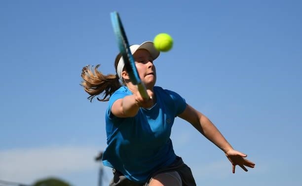 Eleanor Nobbs hits a forehand during the Junior National Tennis Championships at Surbiton Racket & Fitness Club on June 08, 2021 in Surbiton, England.