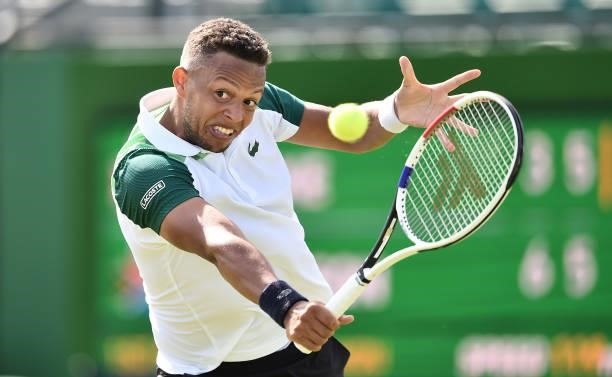 Jay Clarke of Great Britain plays a backhand shot during Day 4 of the Viking Open match between Jay Clarke and Kevin Anderson at Nottingham Tennis...