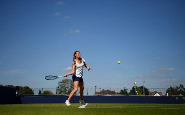 Amy Leather hits a forehand during the Junior National Tennis Championships at Surbiton Racket & Fitness Club on June 08, 2021 in Surbiton, England.