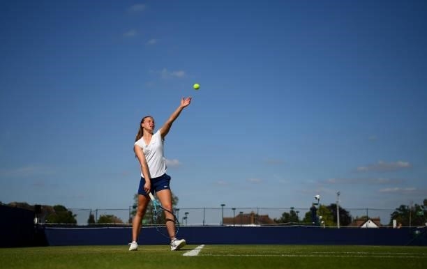Amy Leather serves during the Junior National Tennis Championships at Surbiton Racket & Fitness Club on June 08, 2021 in Surbiton, England.