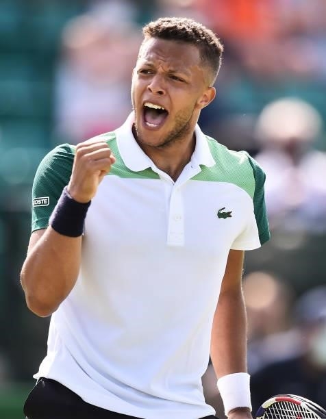 Jay Clarke of Great Britain celebrates after winning a point during Day 4 of the Viking Open match between Jay Clarke and Kevin Anderson at...