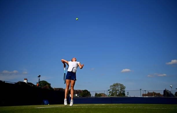 Amy Leather serves during the Junior National Tennis Championships at Surbiton Racket & Fitness Club on June 08, 2021 in Surbiton, England.