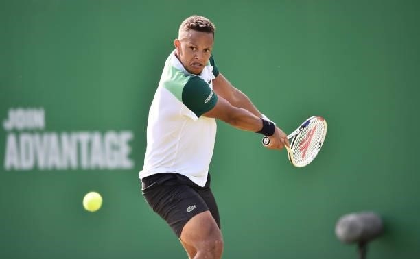 Jay Clarke of Great Britain plays a backhand shot during Day 4 of the Viking Open match between Jay Clarke and Kevin Anderson at Nottingham Tennis...