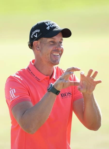 Henrik Stenson of Sweden gestures ahead of the Scandinavian Mixed Hosted by Henrik and Annika at Vallda Golf & Country Club on June 08, 2021 in...