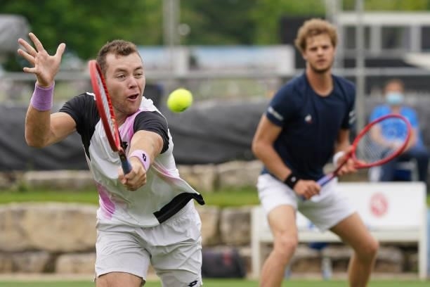 Dominik Koepfer of Germany and Yannick Hanfmann of Germany competes during day 2 of the MercedesCup at Tennisclub Weissenhof on June 08, 2021 in...