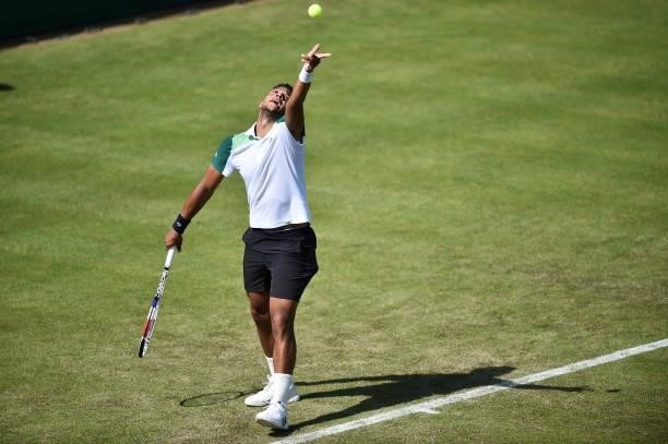 Jay Clarke of Great Britain serves during Day 4 of the Viking Open match between Jay Clarke and Kevin Anderson at Nottingham Tennis Centre on June...