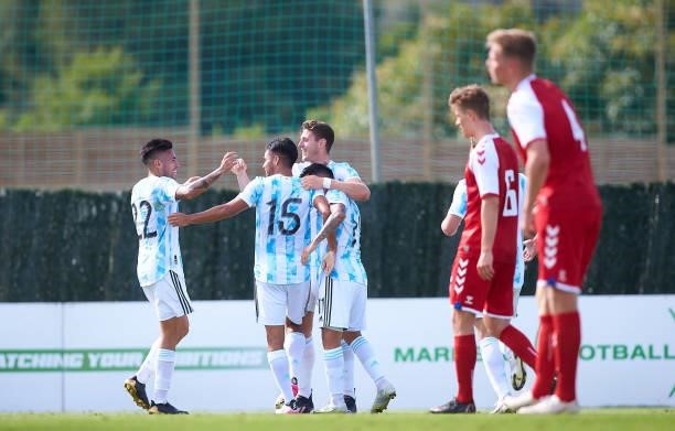 Mariano Vera of Argentina U23 celebrates scoring a goal with team mates during a Friendly International Match between Denmark and Argentina on June...