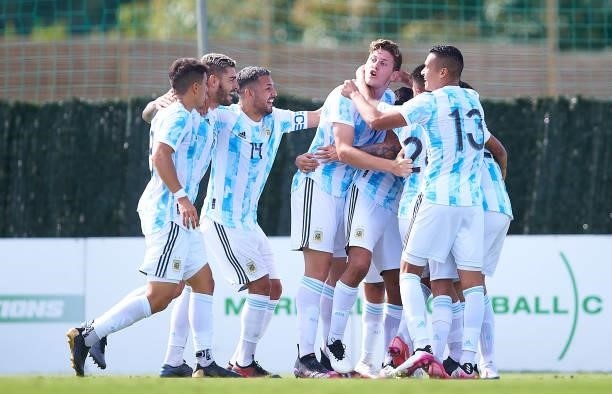Mariano Vera of Argentina U23 celebrates scoring a goal with team mates during a Friendly International Match between Denmark and Argentina on June...
