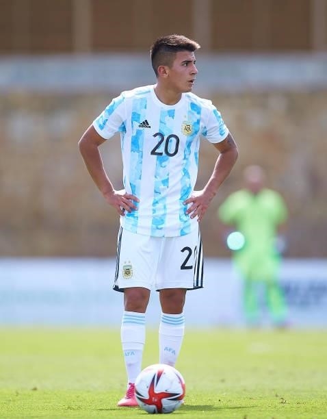 Thiago Almada of Argentina U23 looks on during a Friendly International Match between Denmark and Argentina on June 08, 2021 in Marbella, Spain.