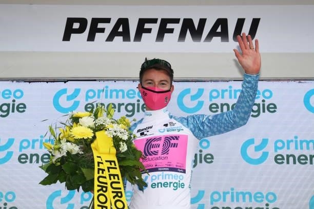 Neilson Powless of United States and Team EF Education - Nippo White Best Young Rider Jersey celebrates at podium during the 84th Tour de Suisse...