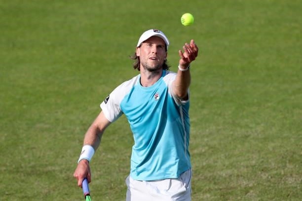 Andreas Seppi of Italy serves against Zhang Zhizhen of China during Day 4 of the Viking Nottingham Open at Nottingham Tennis Centre on June 08, 2021...