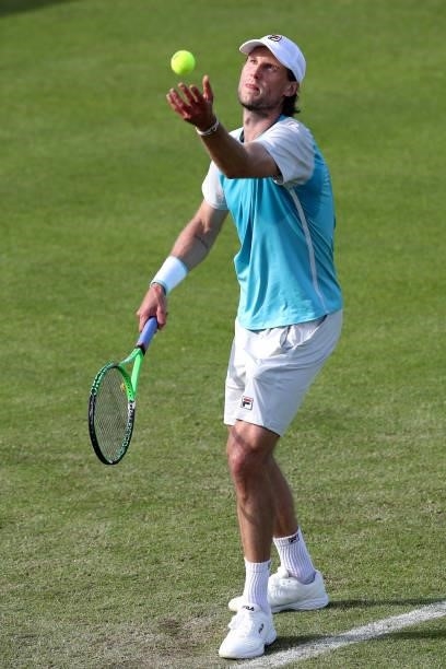 Andreas Seppi of Italy serves against Zhang Zhizhen of China during Day 4 of the Viking Nottingham Open at Nottingham Tennis Centre on June 08, 2021...