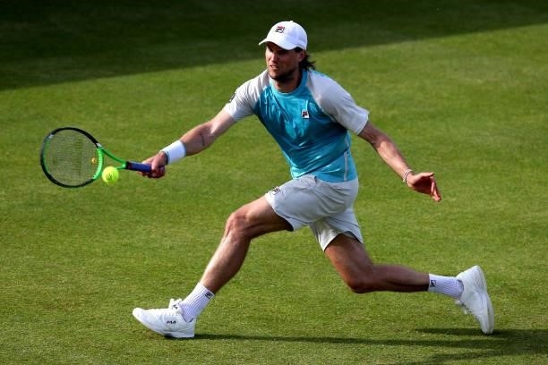 Andreas Seppi of Italy plays a forehand against Zhang Zhizhen of China during Day 4 of the Viking Nottingham Open at Nottingham Tennis Centre on June...