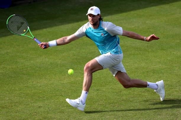 Andreas Seppi of Italy plays a forehand against Zhang Zhizhen of China during Day 4 of the Viking Nottingham Open at Nottingham Tennis Centre on June...