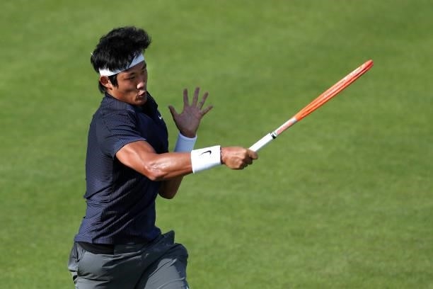Zhang Zhizhen of China plays a forehand against Andreas Seppi of Italy during Day 4 of the Viking Nottingham Open at Nottingham Tennis Centre on June...