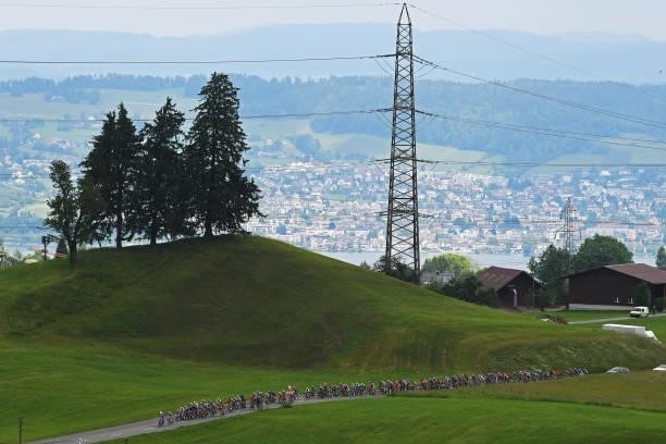 The Peloton passing through Hüttnerstrasse during the 84th Tour de Suisse 2021, Stage 3 a 185km stage from Lachen to Pfaffnau 509m / Landscape /...