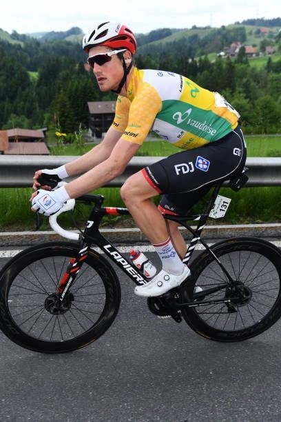 Stefan Küng of Switzerland and Team Groupama - FDJ Yellow Leader Jersey during the 84th Tour de Suisse 2021, Stage 3 a 185km stage from Lachen to...