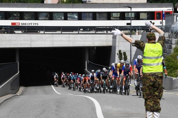 Stefan Küng of Switzerland and Team Groupama - FDJ Yellow Leader Jersey & The Peloton passing through a Train Tunnel during the 84th Tour de Suisse...