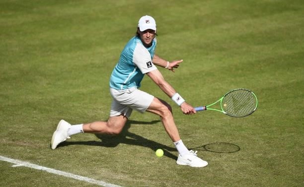 Andreas Seppi of Italy plays a backhand shot against Zhizhen Zhang of China during Day 4 of the Viking Open match between Jay Clarke and Kevin...
