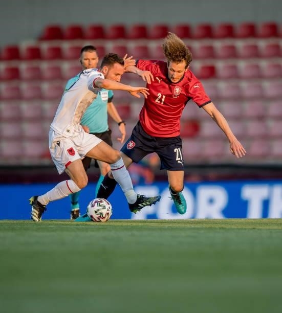 Alex Kral of the Czech Republic in action with Sherif Kallaku of Albania during the international friendly match between the Czech Republic and...
