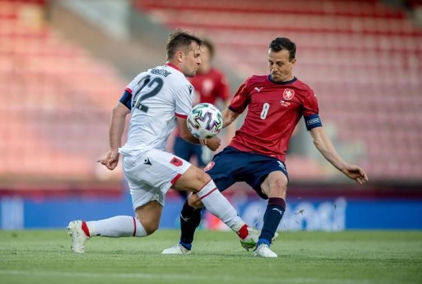 Vladimir Darida of the Czech Republic in action with Amir Abrashi of Albania during the international friendly match between the Czech Republic and...