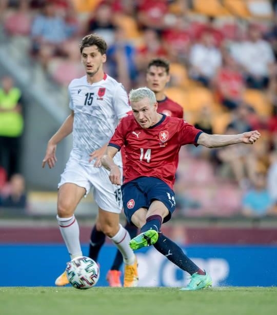 Jakub Jankto of the Czech Republic in action with Marash Kumbulla of Albania during the international friendly match between the Czech Republic and...